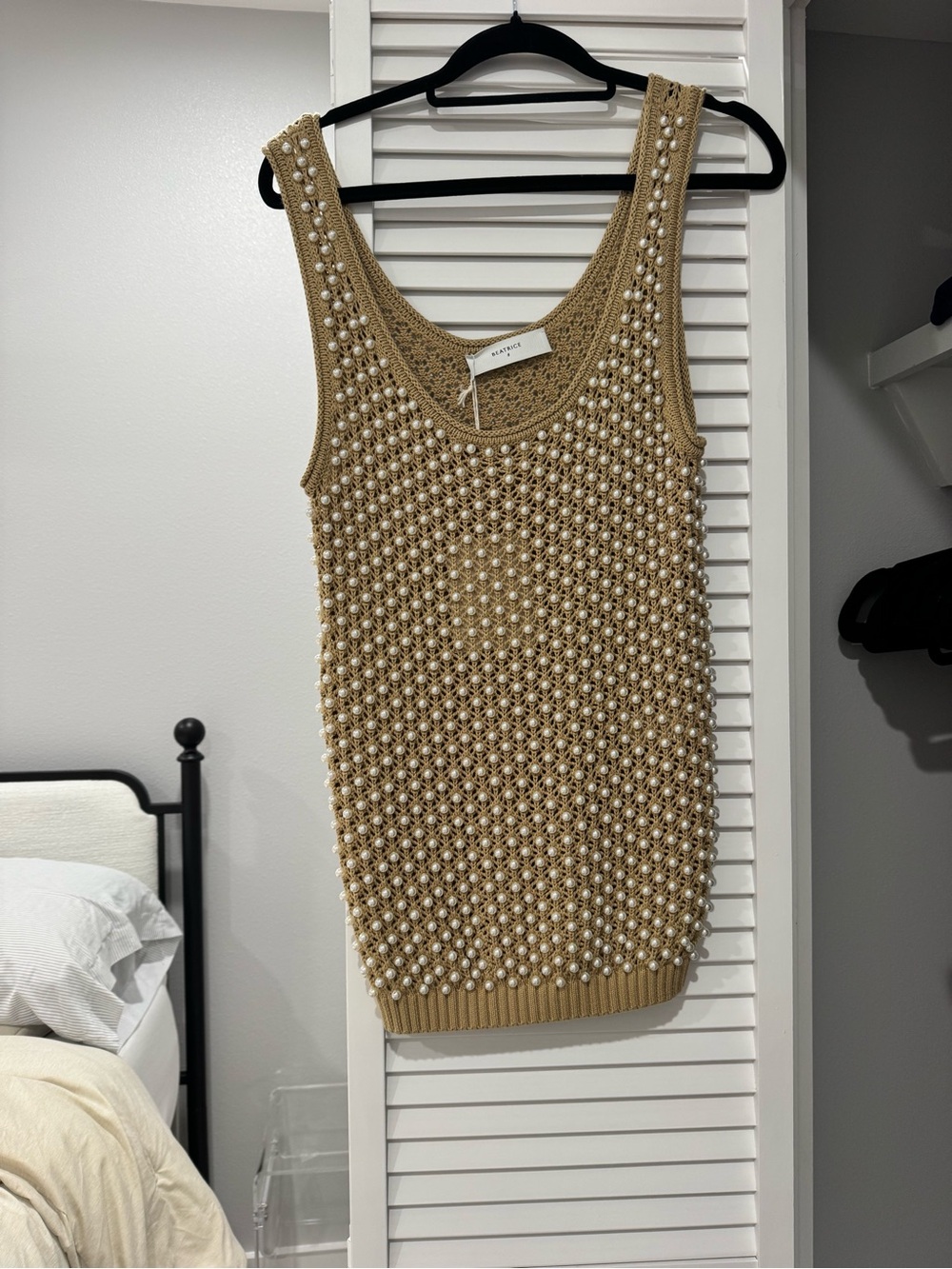 Pearl-Embellished Knit Tank Top - Beige